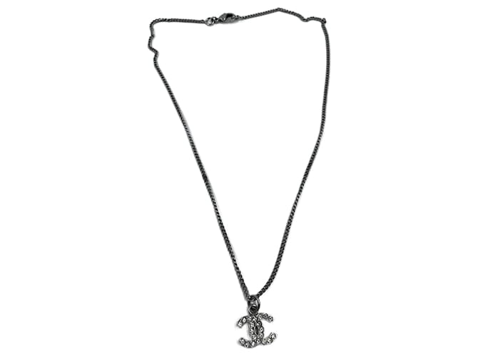 Silver-Toned Chanel Rhinestone CC Necklace Silvery Metal  ref.831857