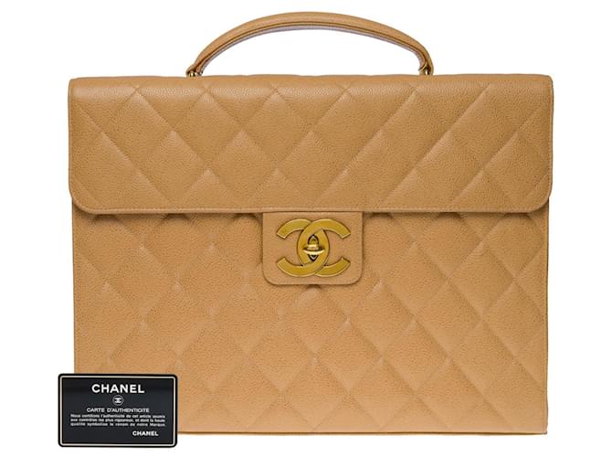 Chanel Briefcase in beige quilted caviar leather  ref.832757