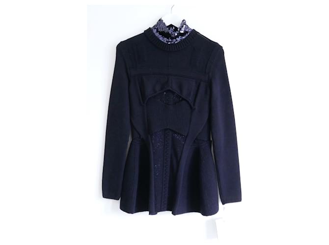 Pré-automne Dior 15 Haut péplum en tricot à sequins Laine Bleu Marine  ref.833121