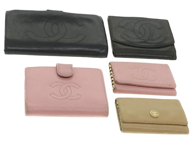 CHANEL Schlüsseletui Leder 5Set Schwarz Pink Beige CC Auth 37420  ref.833181