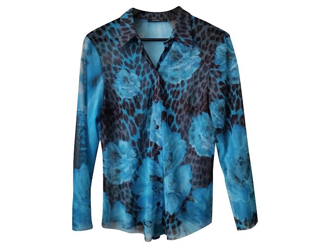 Autre Marque Garella Tüll Mesh Hemd Türkisblau und Braun Blumenmuster Schokolade