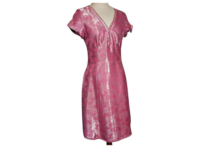 VESTIDO DE SEDA BROCHADA MARC JACOBS 23 PÉROLAS BRANDEBOURGS T38/40 Rosa