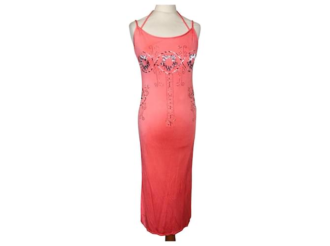 CACHAREL DRESS BACK SLIDING LACING PEARL CABOCHONS DRESS S 38 Pink Peach Polyester  ref.831102