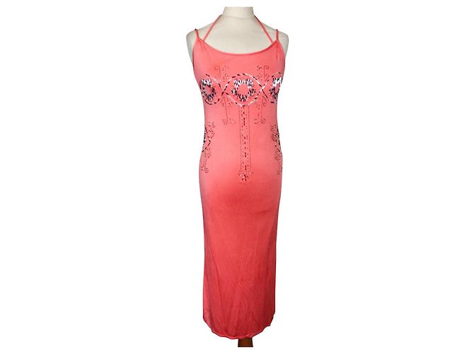 CACHAREL KLEID RÜCKEN SCHIEBENDE SCHNÜRUNG PERLEN CABOCHONS KLEID S 38 Pink Angeln