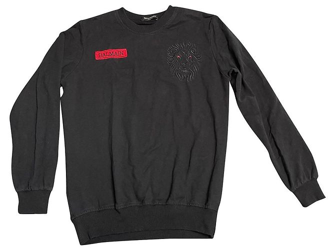 Balmain Pullover mit Löwenkopf Logo schwarz Baumwolle 