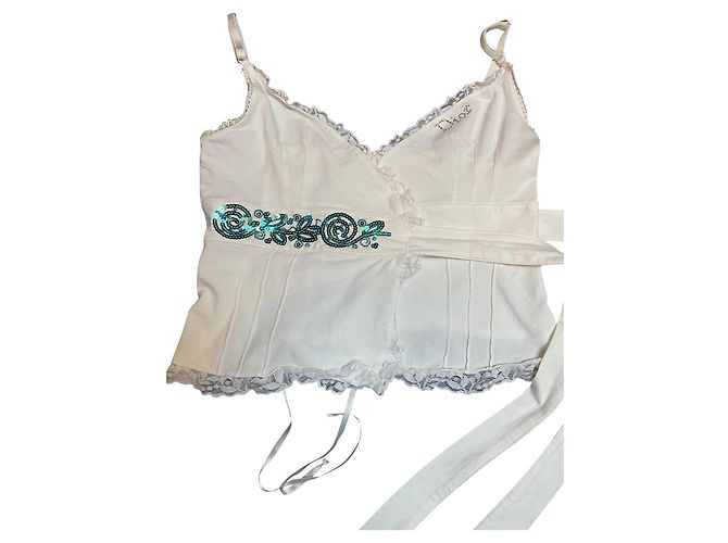 Top avvolgente Dior con paillettes bianco e blu in cotone