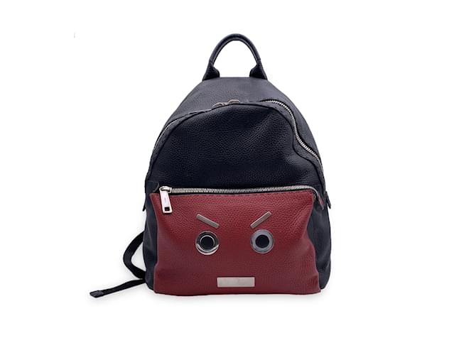 Fendi Selleria Black Red Leather Unisex Faces No Words Backpack Bag ref.833775 Joli Closet