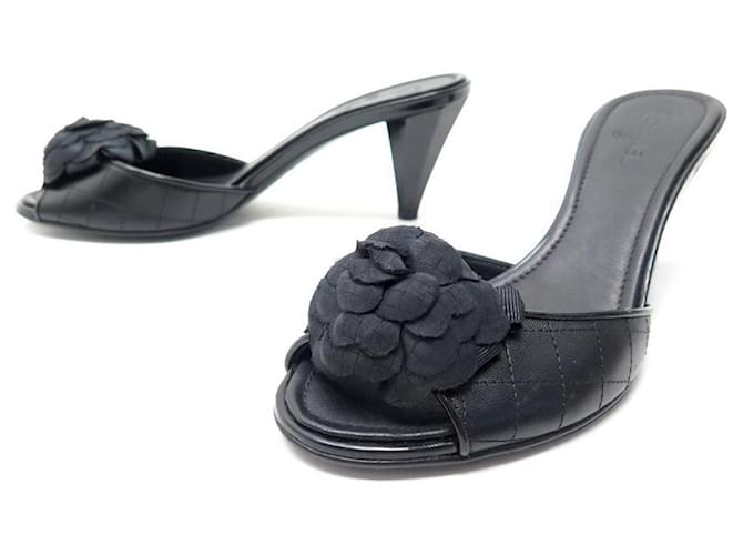 NINE CHANEL MULES SHOES WITH CAMELIA HEELS 37.5 QUILTED LEATHER SHOES Black  ref.835052