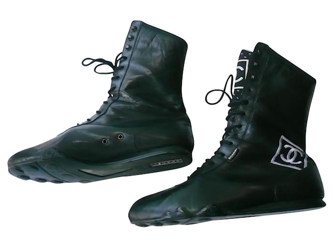 CHANEL Chanel Sport T Leather Biker or Boxe Boots38 Rare !!! Black