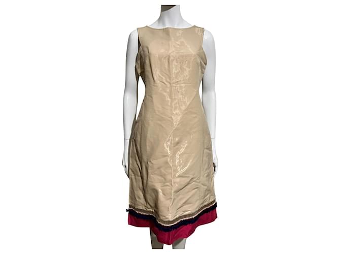 Alberta Ferretti Wool blend dress with metallic shimmer Beige Golden Cotton  ref.835282