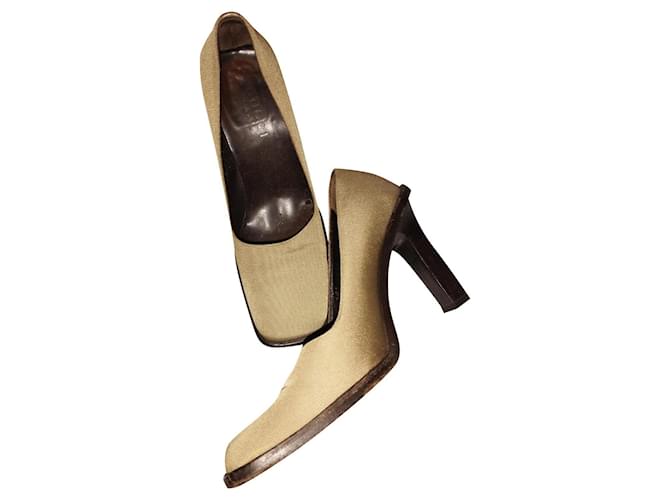GUCCI PUMPS LEATHER & HONEYCOMB CREAM GOLD SQUARE HEELS 10 cm T 38 Beige Acrylic  ref.839038