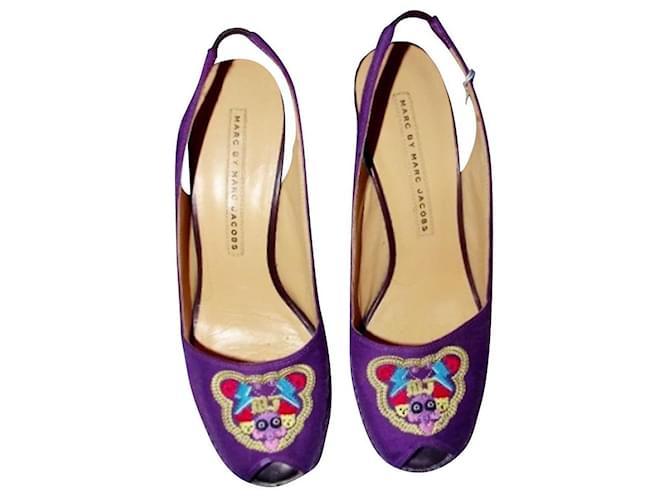 MARC BY MARC JACOBS SECOND HAND WEDGES EMBROIDERED MOUSE TRIMATERIE 38.5 Dark purple Cloth  ref.839041