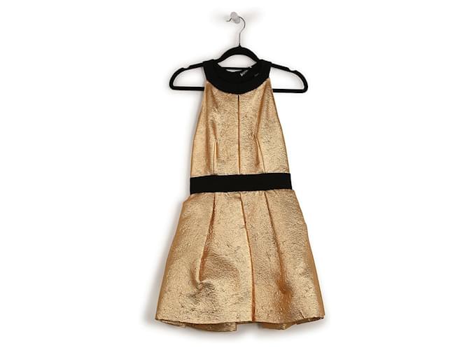 Miu Miu Metallic Gold Jacquard/Nylon Halter Neck Mini Dress With Black Trims Golden Polyamide  ref.839563
