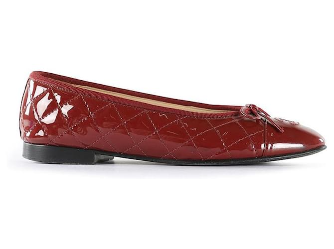 Chanel Burgundy Quilted Patent Leather CC Bow Ballet Flats