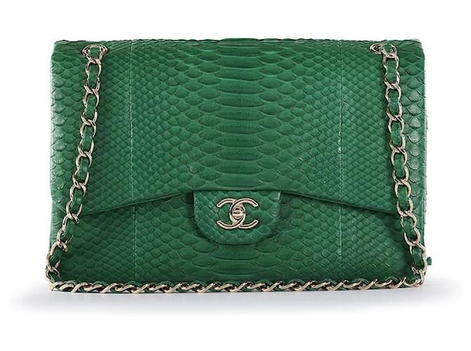 Chanel Jumbo Classic Fur and Python Leather Flap Bag Green