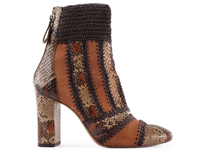 Alexandre Birman Brown Tan Suede Python Knitted Block Heel Ankle Boots Beige ref.839818 Joli Closet