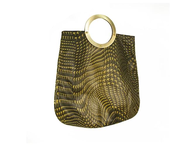 Autre Marque Angelo Marani Green Snake Pattern Canvas Gold Tone Ring Bag Bolso de mano Verde Algodón  ref.839825
