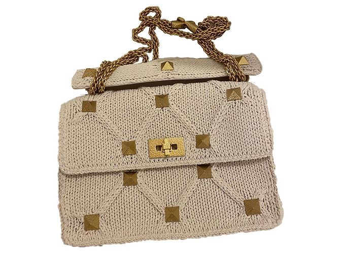 Bolso de mano Valentino Roman Stud Eggshell Algodón Blanco roto