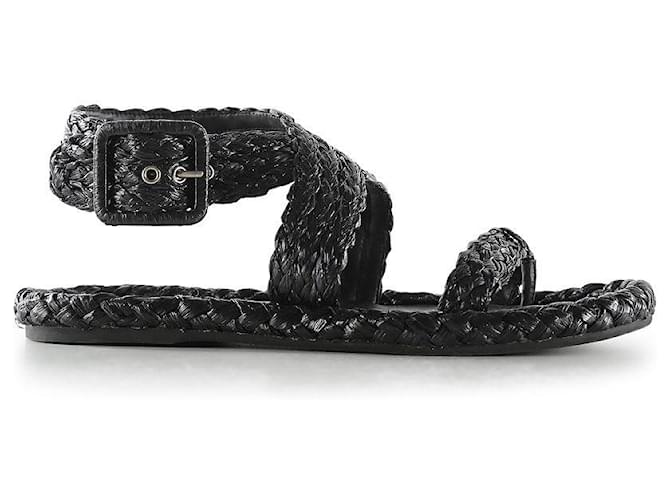 Sandália tanga com tira no tornozelo de ráfia trançada preta Christian Dior Preto  ref.840654
