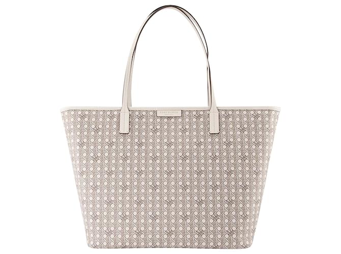 Kleine Shopper-Tasche mit Reißverschluss - Tory Burch - Canvas - Grau Weiß Baumwolle  ref.840817