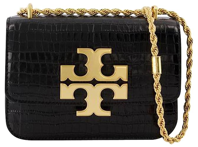 Eleanor Small Hobo Bag - Tory Burch - Black - Croc Embossed Leather   - Joli Closet