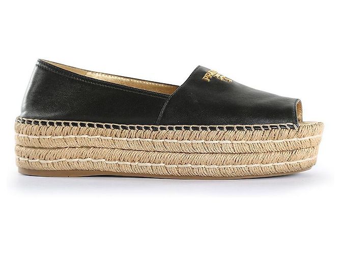 Double Prada Black Leather Peep Toe Braided Platform Espadrilles