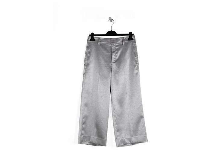 Vince Metallic Silver Satin/Polyester Wide Cropped Legs Pants Silvery  ref.841086