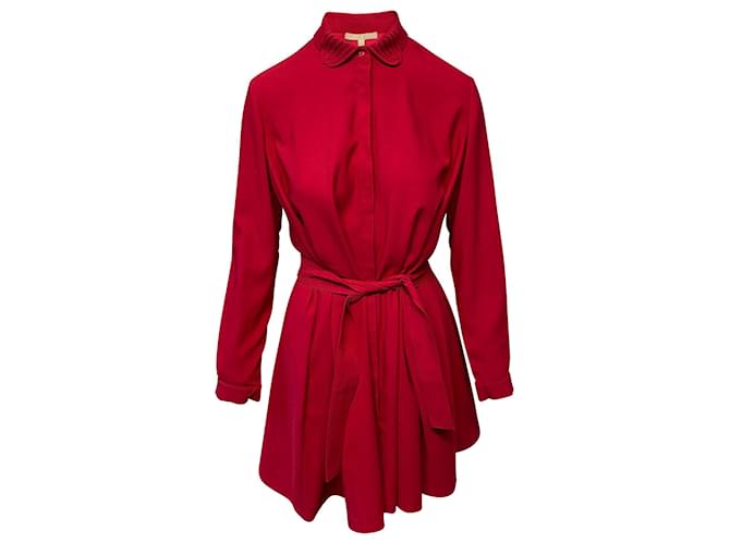 Maje Longsleeve Belted Short Dress in Red Polyester  ref.841100