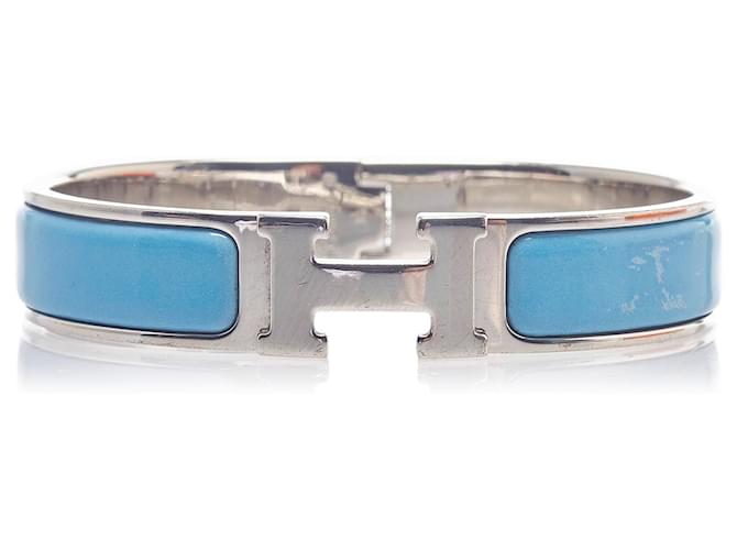 Bracelet Hermès Clic Clac H Argent Métal Platine Email Argenté Bleu Bleu clair  ref.841788