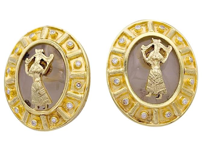 Autre Marque Brincos Lalaounis vintage, "O Escudo de Aquiles", Ouro amarelo, pedra de cristal.  ref.841849
