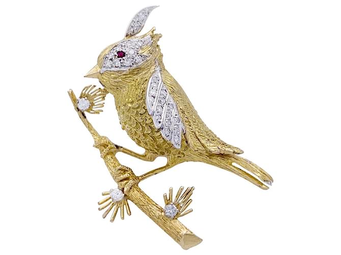 Broche Boucheron, "Oiseau sur sa branche", or jaune, platine. Diamant  ref.841852