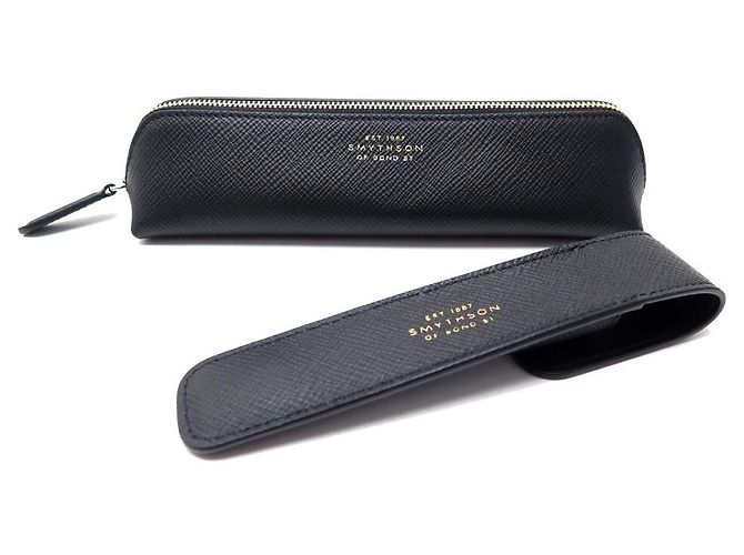 NEW SMYTHSON PEN CASE + PENCIL CASE GRAINED LEATHER PEN PENCIL CASE Black