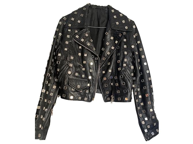 Moschino Leather jacket with zero flaw encrusted mirror plates Black  ref.843621
