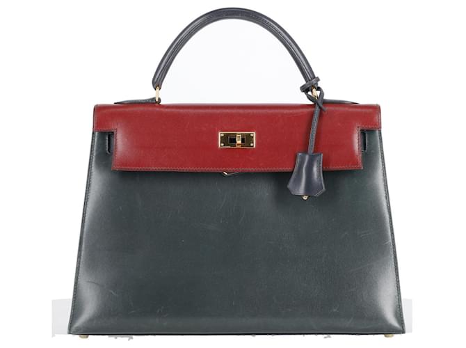 Hermès Limited Edition Kelly 32 Handtasche dreifarbig aus Vert Fonce Rouge H & Indigo Box Calf Leder Schwarz  ref.844385