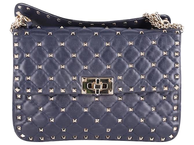 Valentino Garavani Rockstud Spike Medium Bag in Navy Blue Lambksin Leather - Joli Closet
