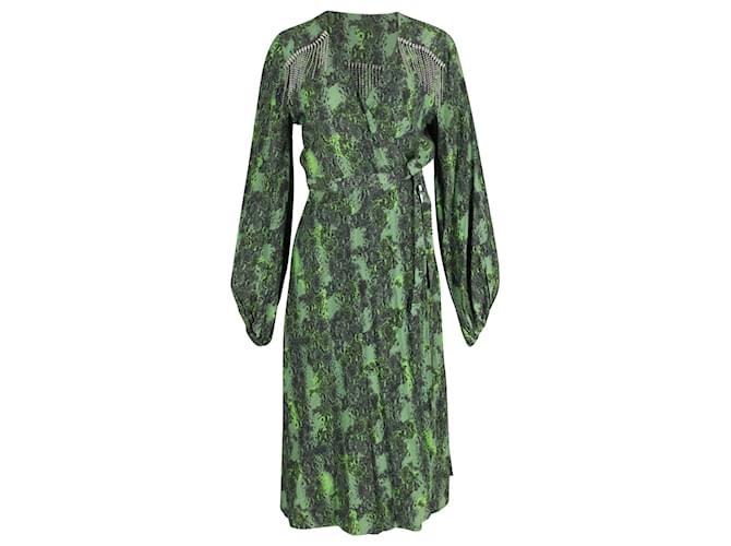 Autre Marque Rotate Birger Christensen Kira Crystal-Embellished Snake-print Wrap Dress in Green Crepe Viscose Cellulose fibre  ref.846163