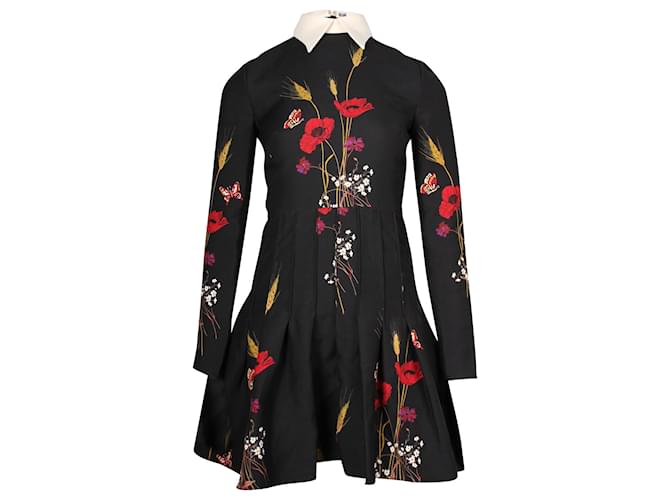 Valentino Garavani Collared Long Sleeve Mini Dress in Floral Print Black Wool  ref.846220