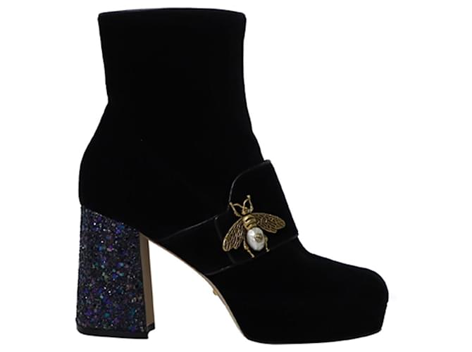 Gucci Soko Glitter-Heel Bee Boots in Black Velvet  ref.846279