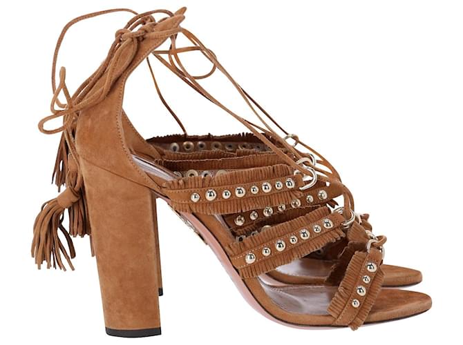 Aquazzura Tassel Accents Gladiator Sandals in Brown Suede  ref.846489