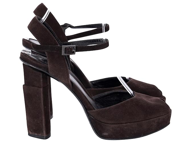 Fendi Ankle Strap Peep-Toe Block Heel Sandals in Brown Suede  ref.846513