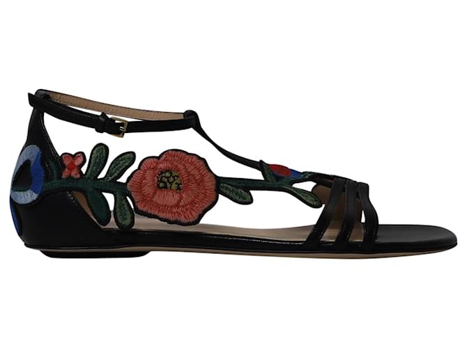 Gucci Ophelia Floral-Embroidered Flat Sandals in Black Leather   ref.846568