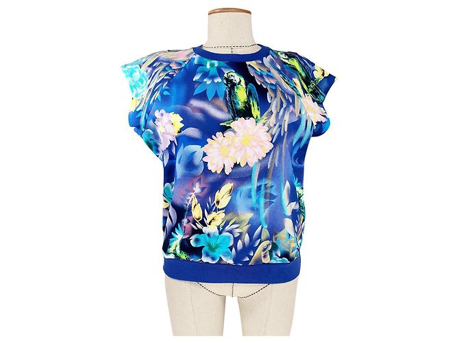 Moschino Oberteil mit tropischem Papageien Print Blau Baumwolle