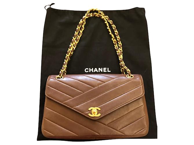 Rare Chanel Vintage Brown Lambskin Leather Chevron Diagonal