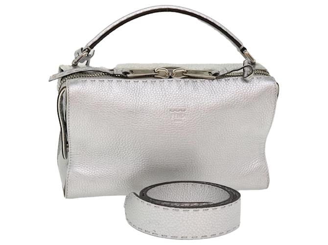 FENDI Hand Bag Leather 2way Silver Auth 38070 Silvery  ref.848504