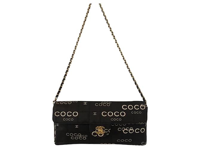 Timeless Chanel black/Dark Brown Canvas Coco and CC Square Stitch Quilted East West Flap Bag with shiny gold CC turn lock & black leather removable chain. Beige Grey Cloth  ref.848653