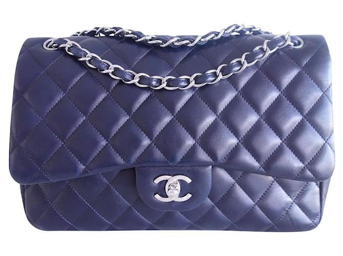 Timeless Bolso Chanel Classic Gm azul marino Cuero  ref.849300
