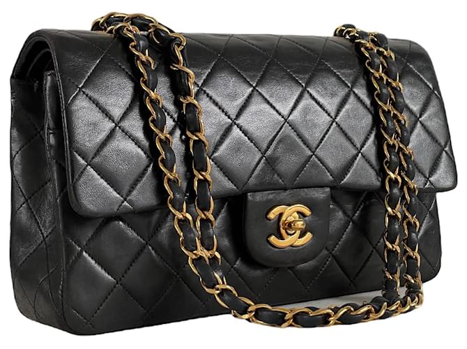 Timeless Aba forrada Chanel clássico atemporal GHW ferragens douradas 24K bolsa tiracolo ombro pele de carneiro Preto Couro Pele de cordeiro  ref.850253