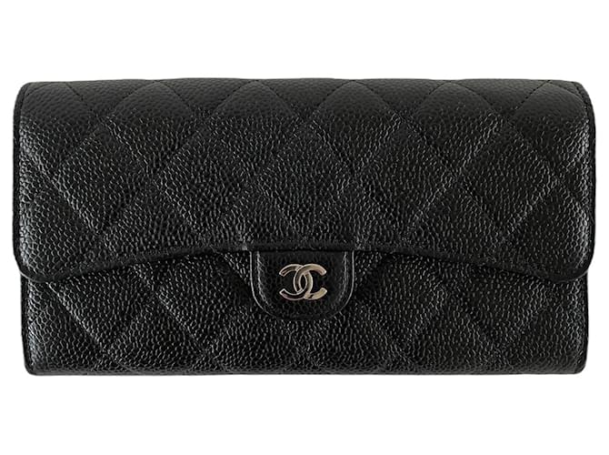 Chanel cardholder wallet single flap caviar black silver hardware leather  wallet portefeuille classic timeless model ref.850271 - Joli Closet