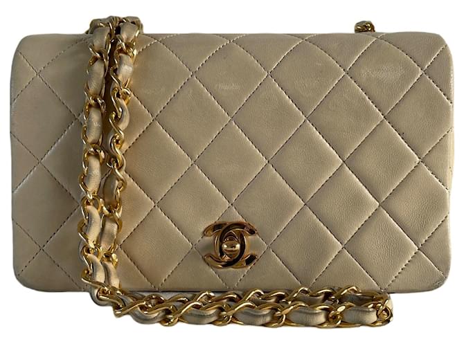 Timeless Chanel aba única aba completa 17 tiracolo vintage bege Couro Lona  ref.850281