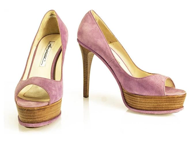 Brian Atwood Pink Purple Suede Open Toe Pumps Slim High Wooden Heels Shoes sz 37  ref.851262